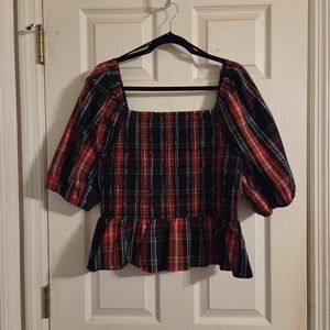 Draper James Red and Blue Plaid Peplum Blouse
